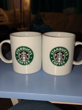 Set Of 2 Starbucks White Mugs With Green Logo
